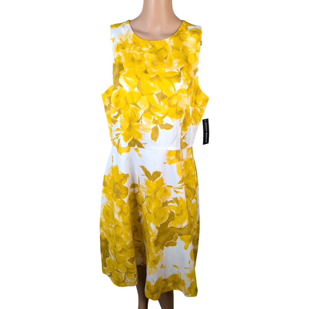 NWT Donna Morgan Yellow White Watercolor Floral Fit & Flare Midi Dress 16